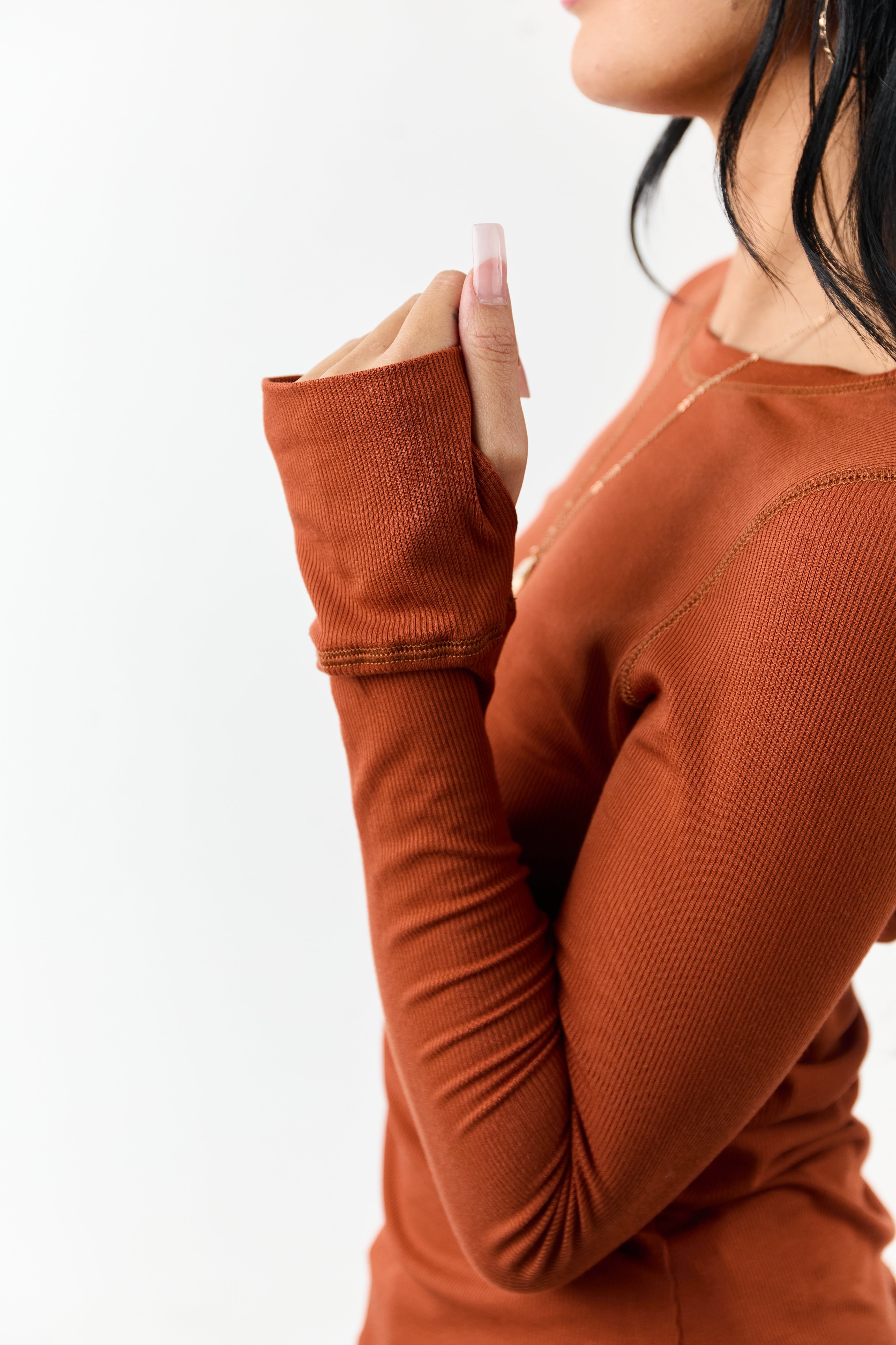 Tawny Rib Knit Round Neck Long Sleeve Top