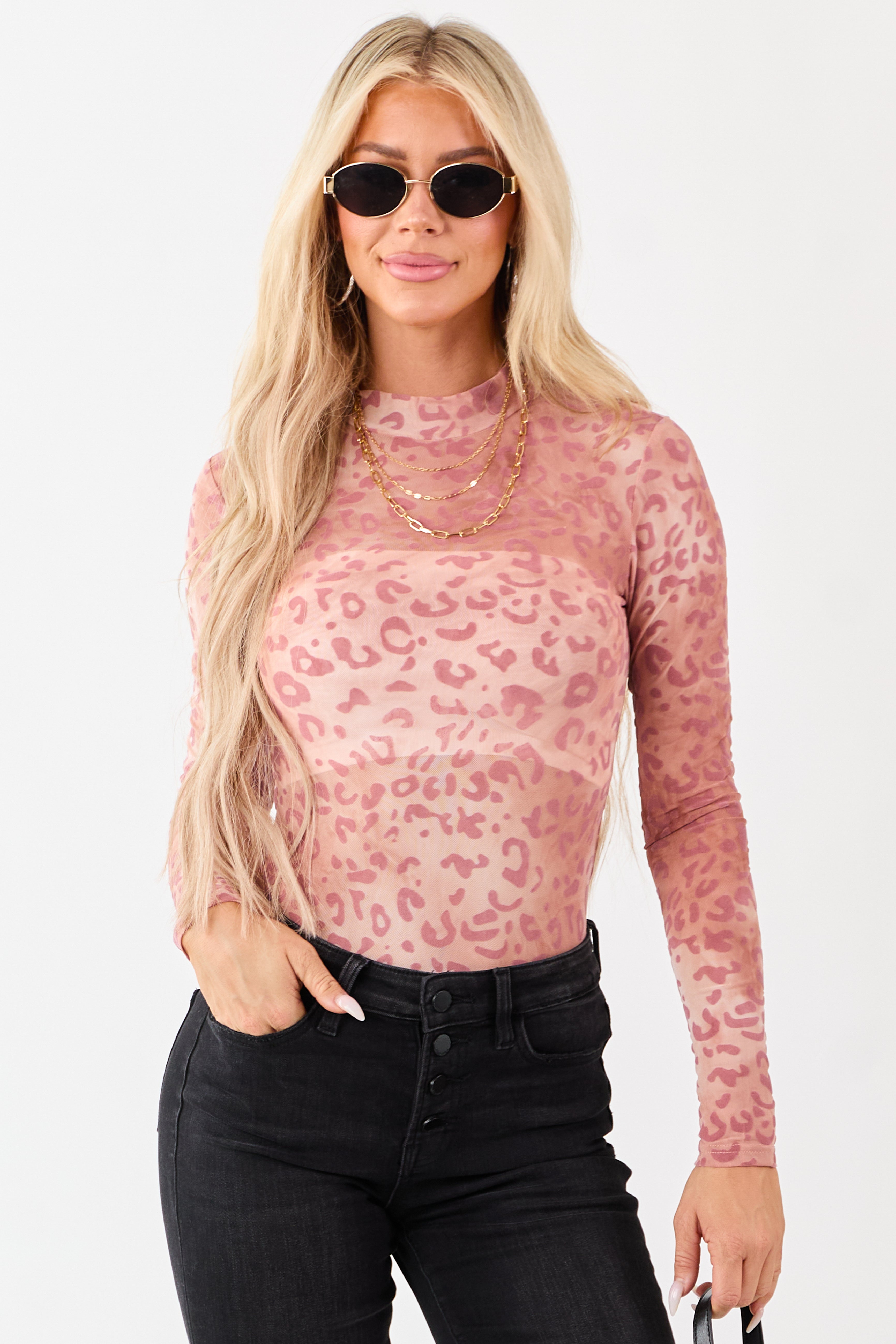 Tea Rose Mesh Leopard Burnout Bodysuit
