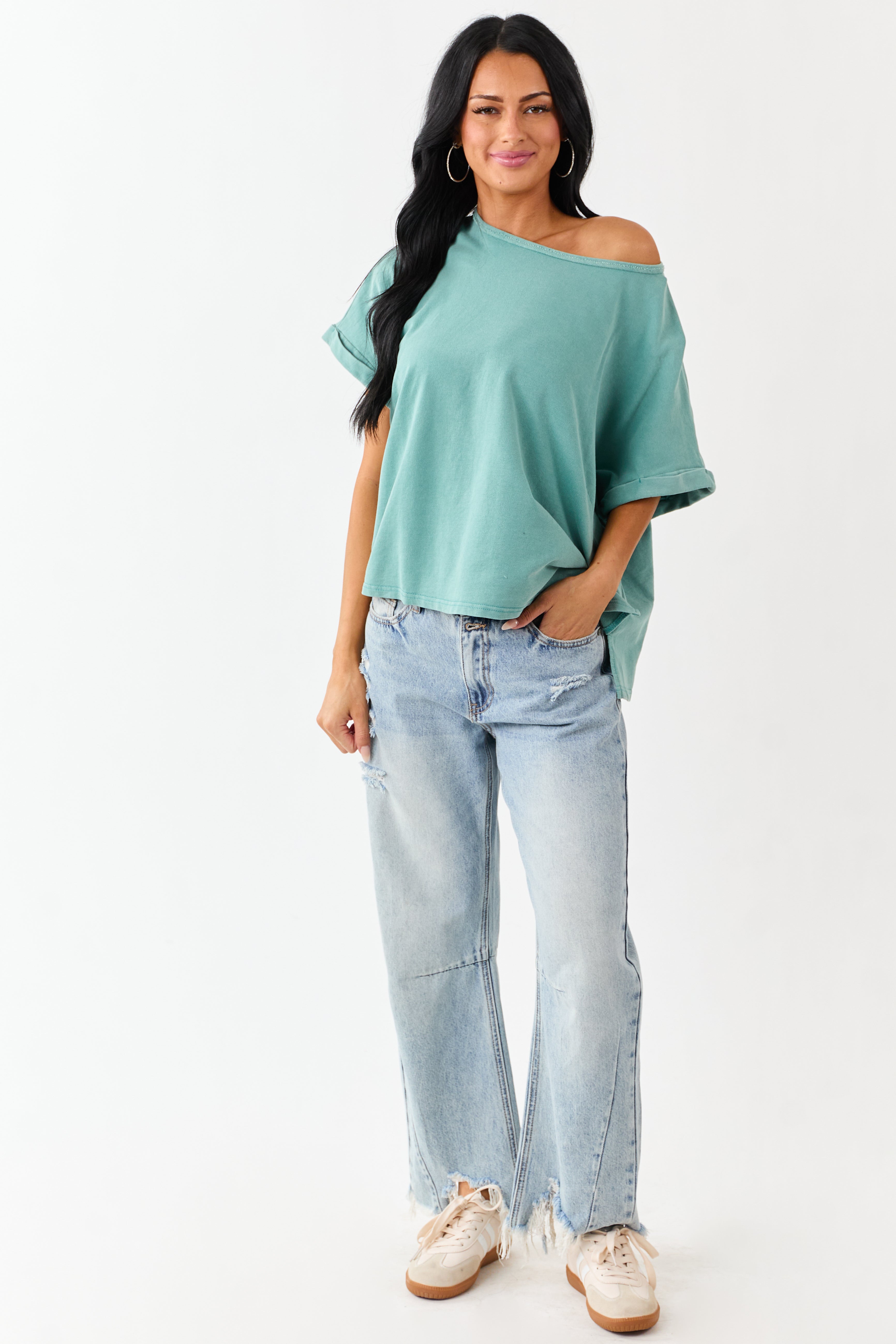 Teal Mineral Wash Short Sleeve Cotton Top