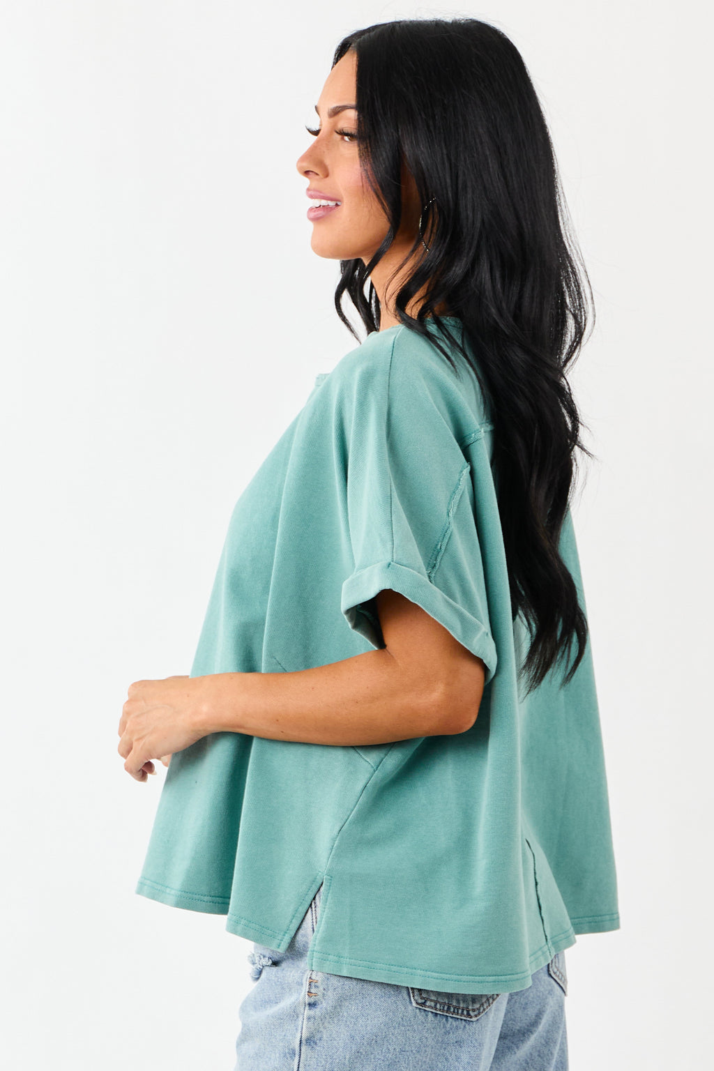 Teal Mineral Wash Short Sleeve Cotton Top