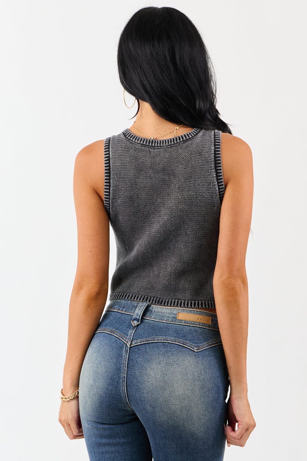 Washed Charcoal Cable Knit Cotton Crop Tank Top