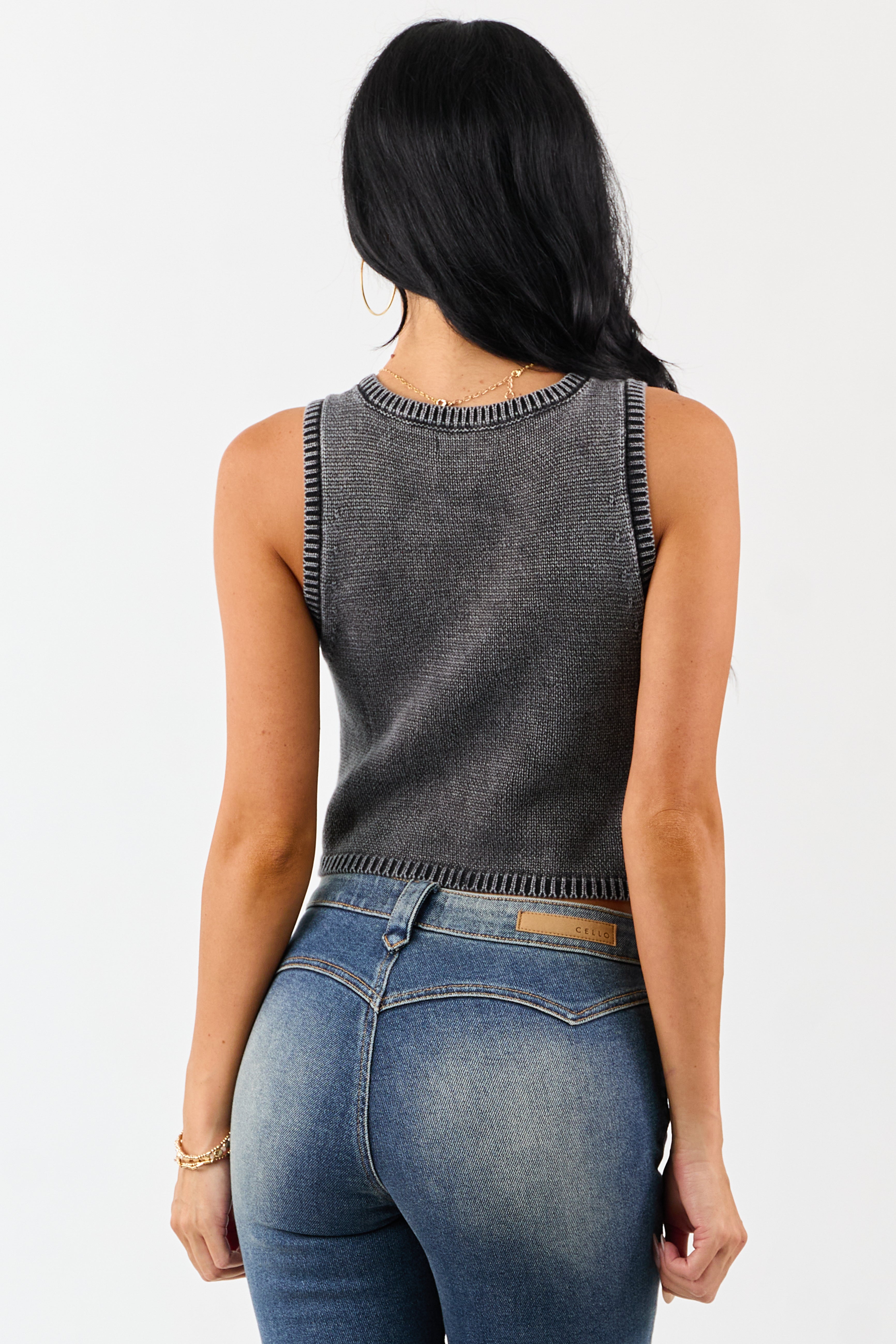 Washed Charcoal Cable Knit Cotton Crop Tank Top