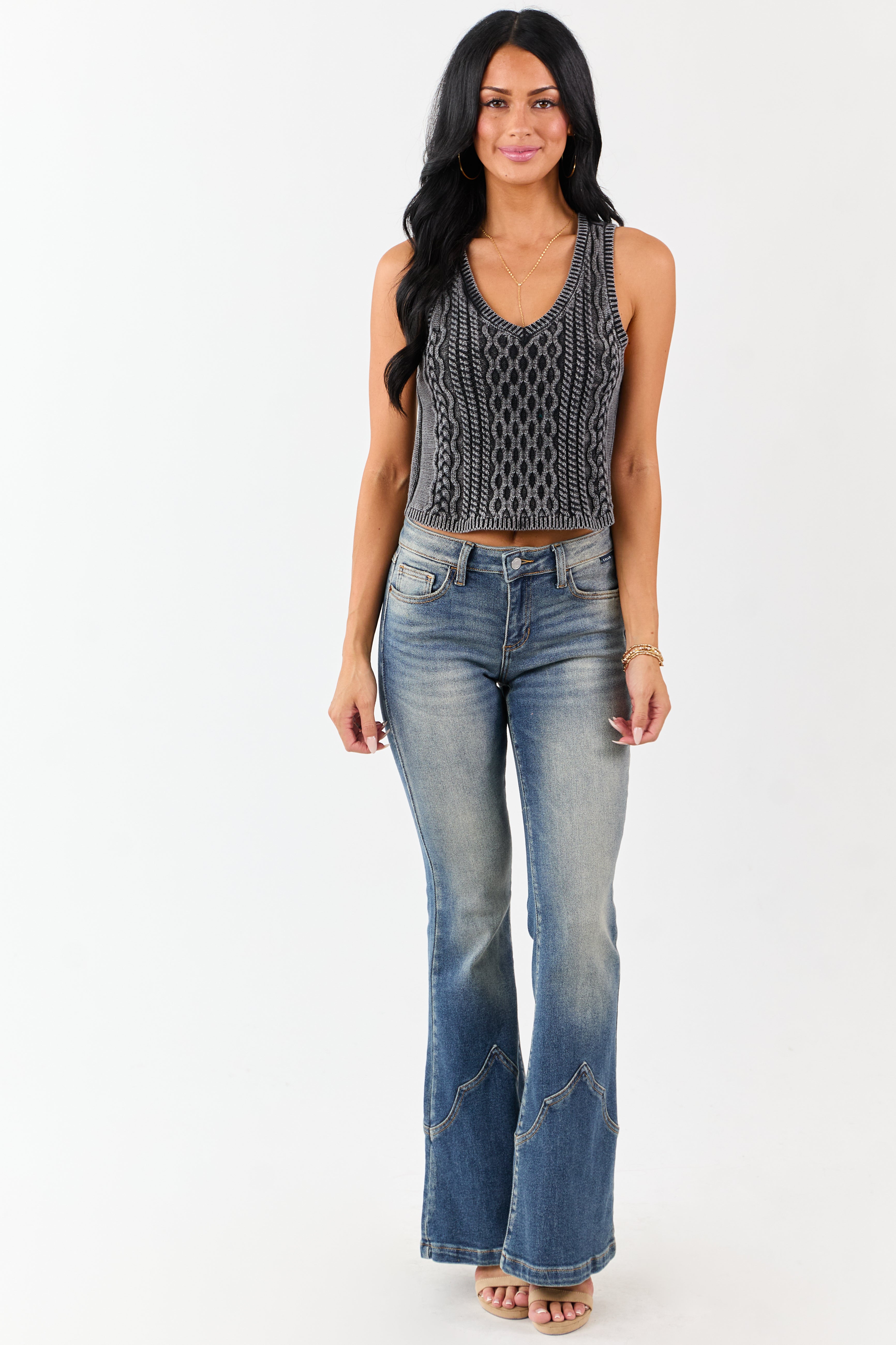 Washed Charcoal Cable Knit Cotton Crop Tank Top