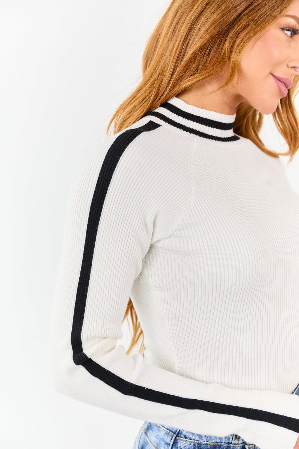 White Mock Neck Ribbed Knit Long Sleeve Bodysuit