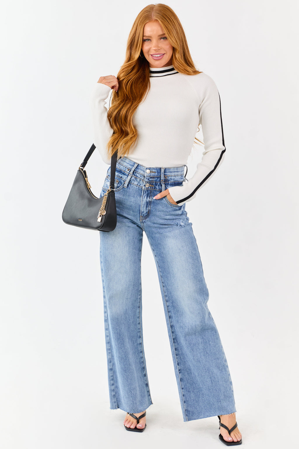 White Mock Neck Ribbed Knit Long Sleeve Bodysuit