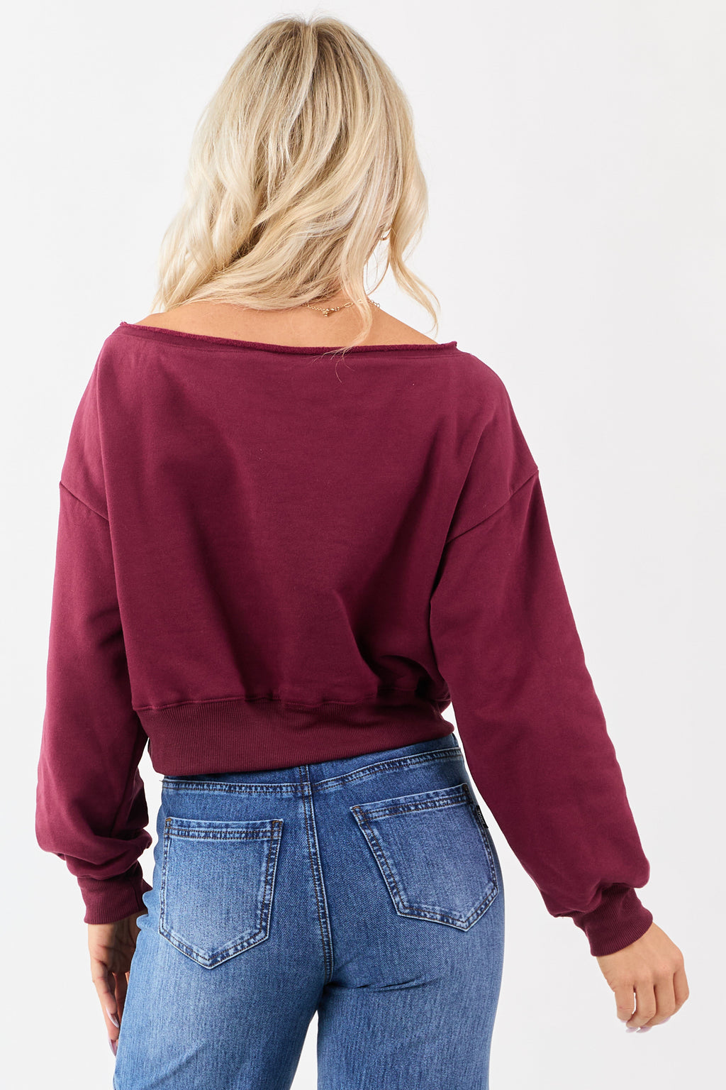 Wine Off the Shoulder Cropped Sweatshirt