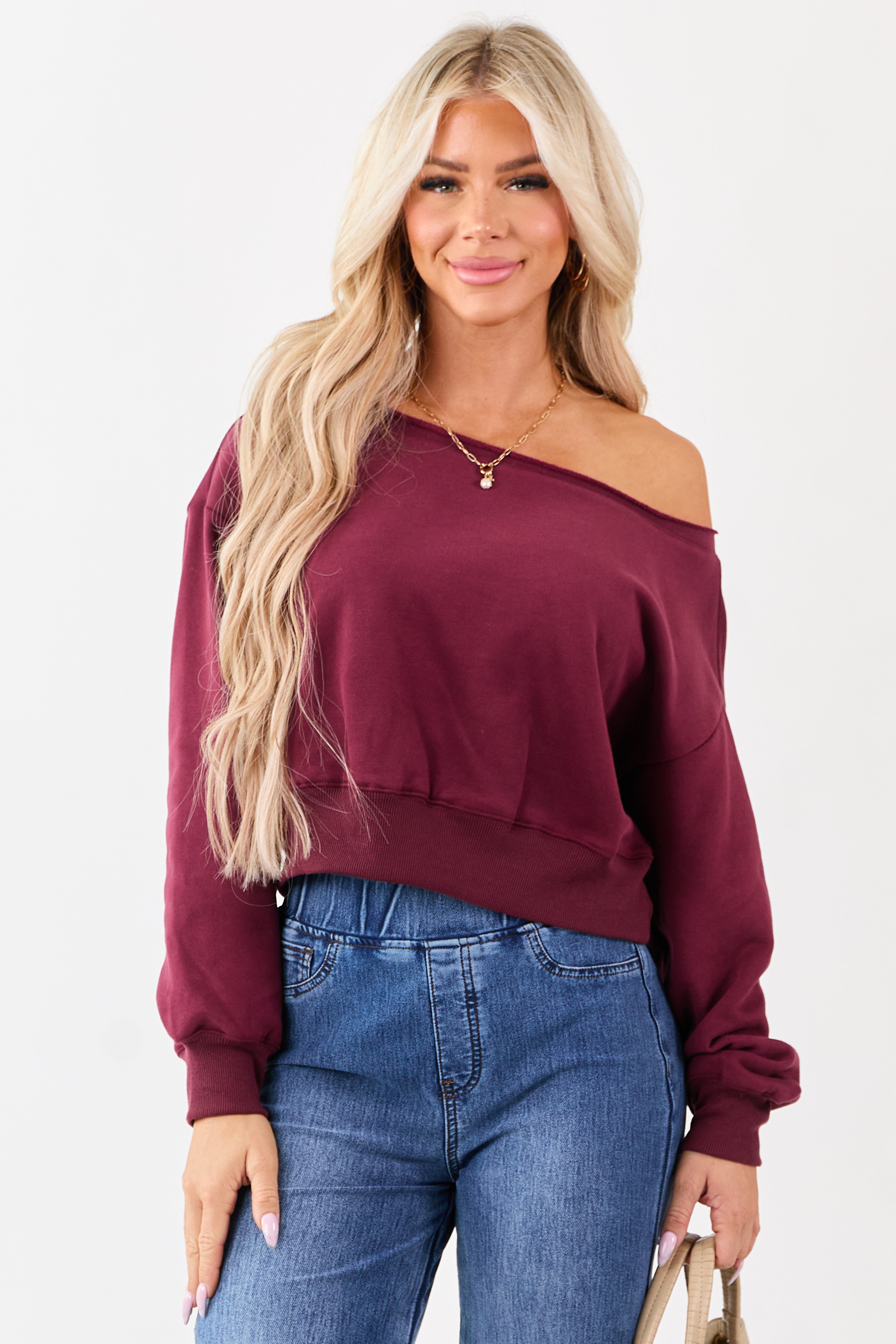 Wine Off the Shoulder Cropped Sweatshirt