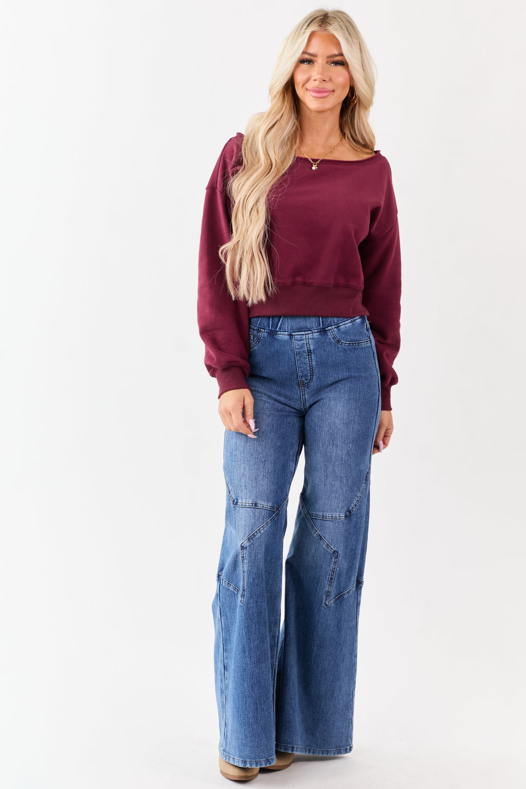 Wine Off the Shoulder Cropped Sweatshirt