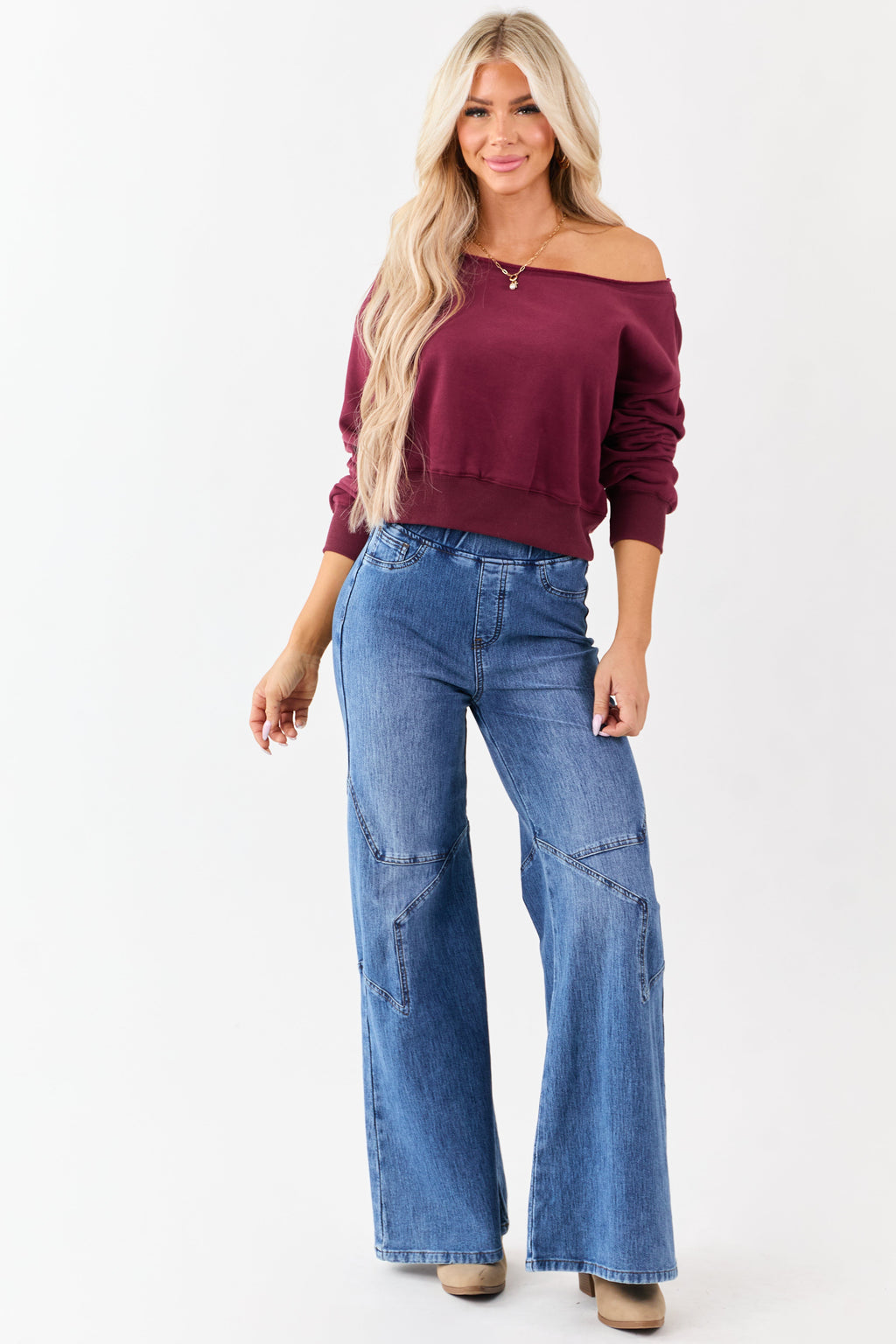 Wine Off the Shoulder Cropped Sweatshirt